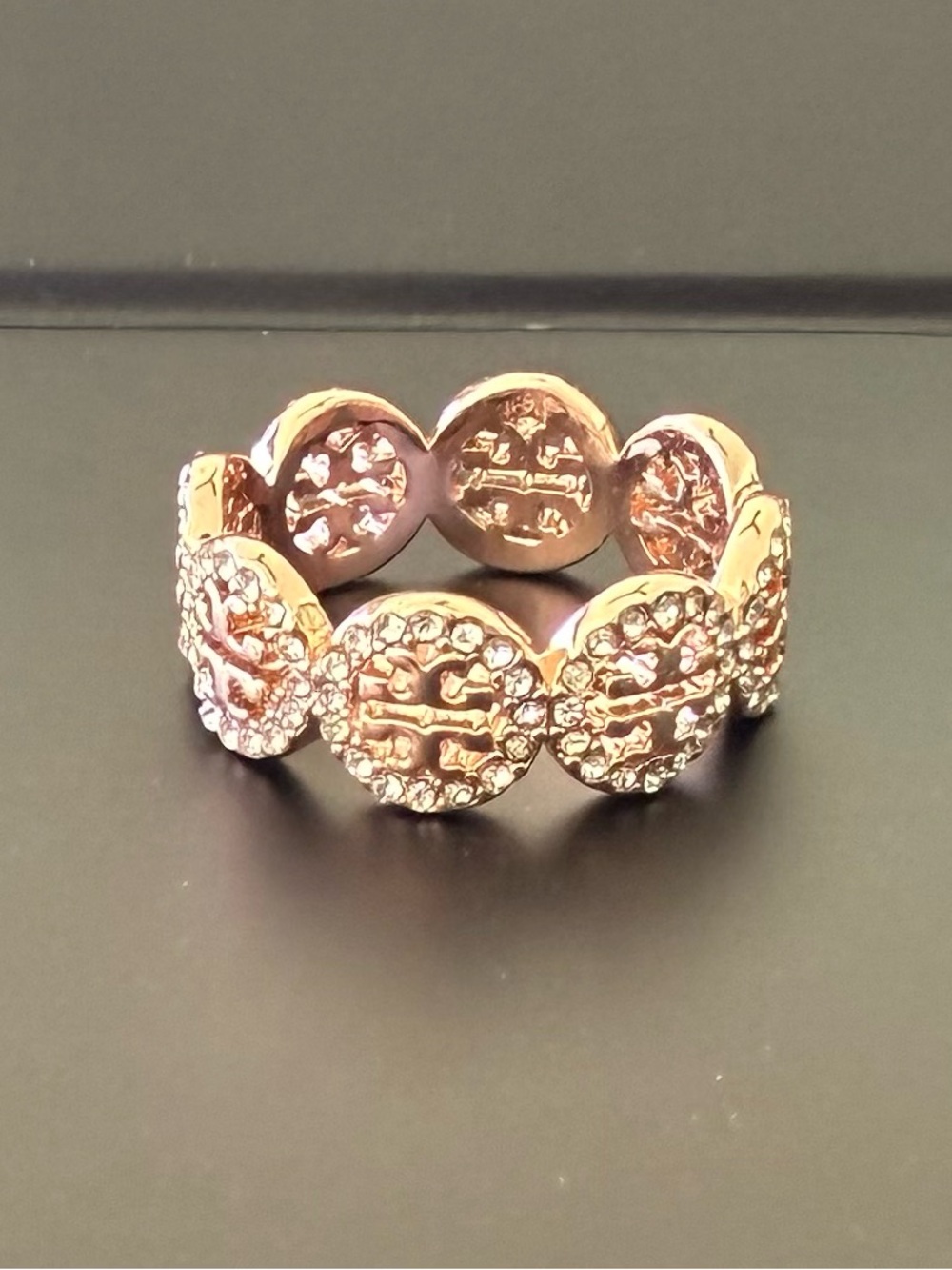Tory Burch Rose Gold Crystal Circle Link Ring 7.5